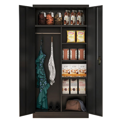 AOBABO Metal Storage Cabinet with 3 Adjustable Shelves and 1 Cloth Rail, Black - VMInnovations