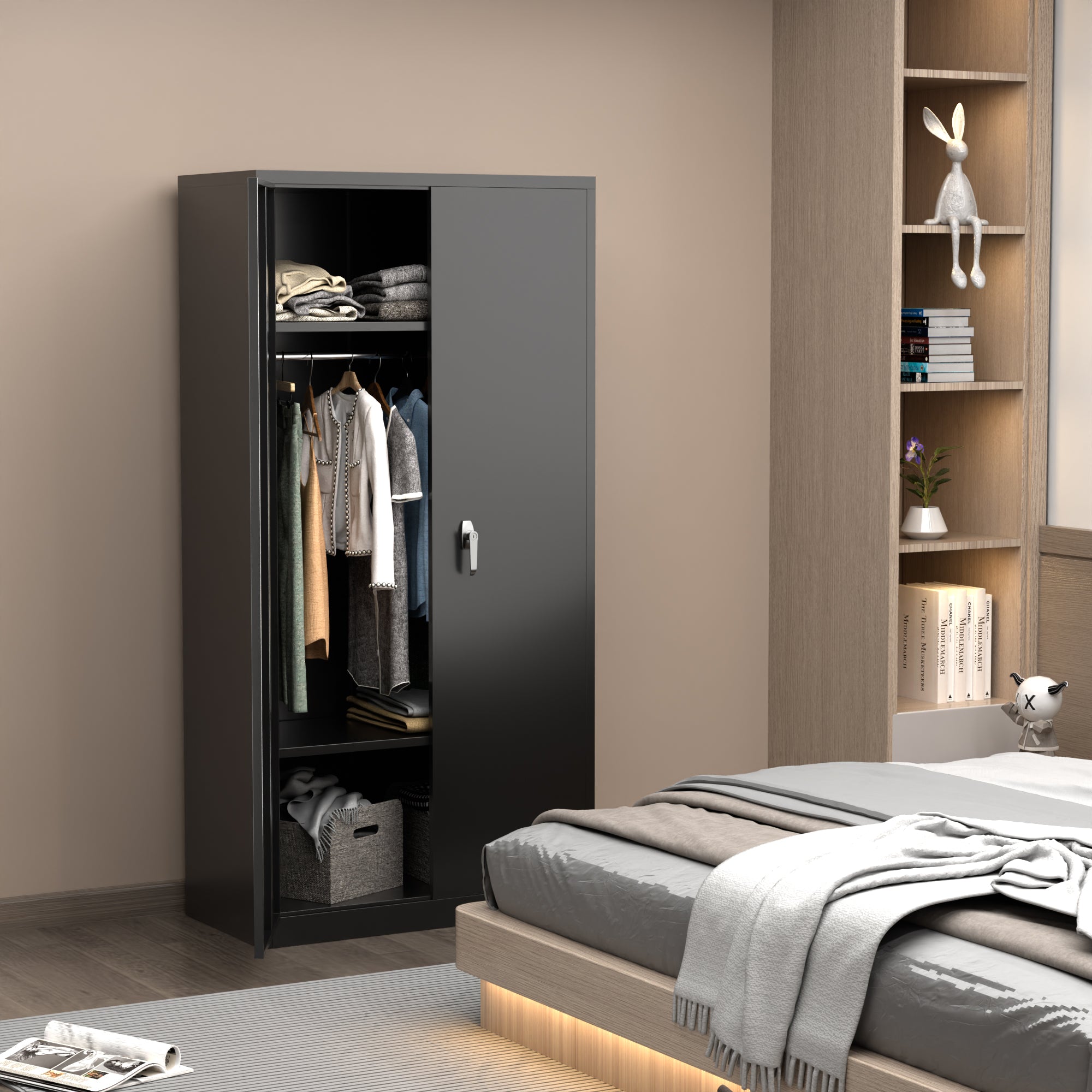 AOBABO Large Metal Storage Cabinet with Adjustable Shelf and Cloth Rail, Black - VMInnovations