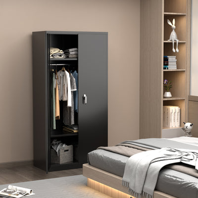 AOBABO Large Metal Storage Cabinet w/Adjustable Shelf & Cloth Rail, Black (Used) - VMInnovations