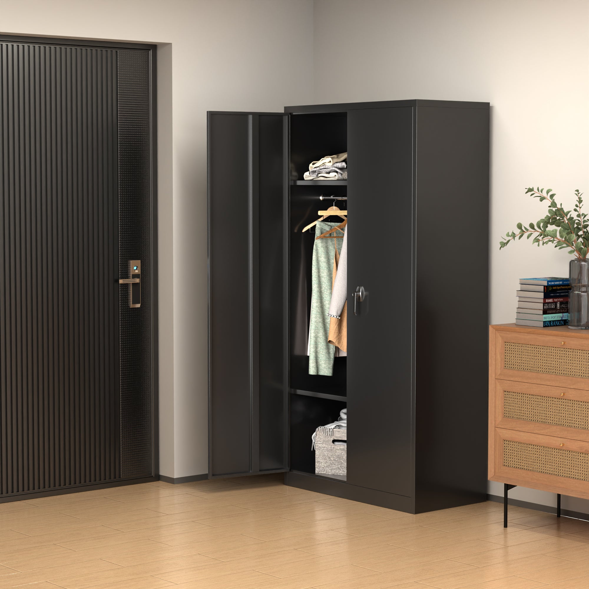 AOBABO Metal Storage Cabinet w/Adjustable Shelf & Cloth Rail, Black (Open Box) - VMInnovations