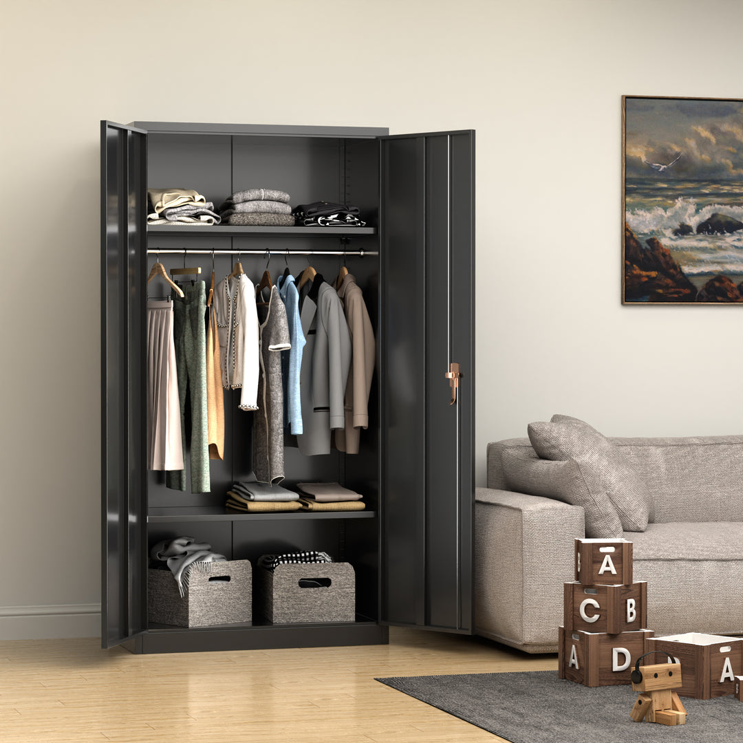 AOBABO Metal Storage Cabinet w/Adjustable Shelf & Cloth Rail, Black (Open Box) - VMInnovations