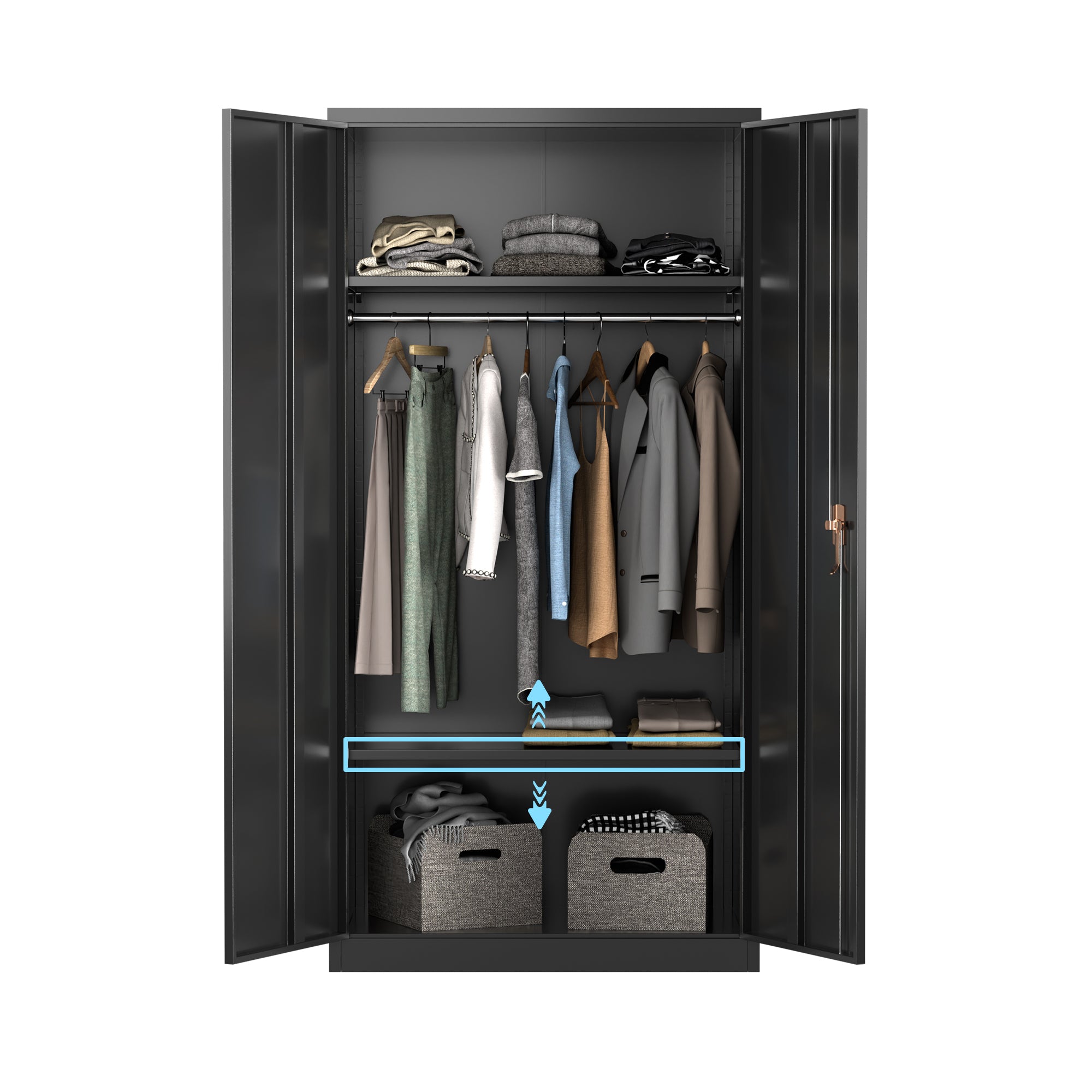 AOBABO Large Metal Storage Cabinet with Adjustable Shelf and Cloth Rail, Black - VMInnovations