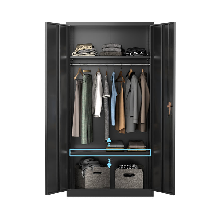 AOBABO Metal Storage Cabinet w/Adjustable Shelf & Cloth Rail, Black (Open Box) - VMInnovations