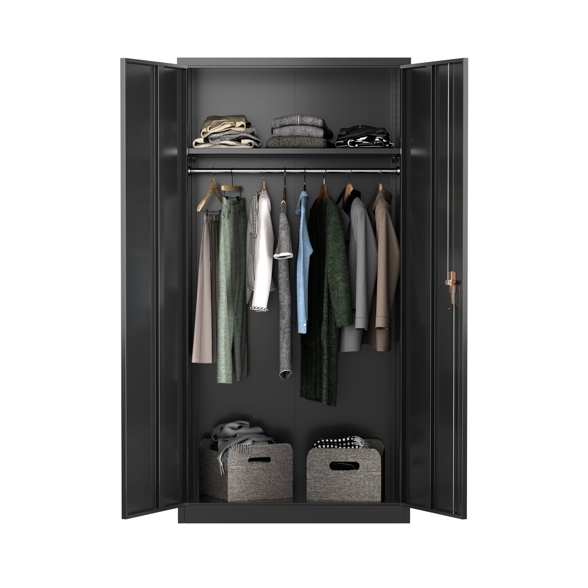 AOBABO Large Metal Storage Cabinet w/Adjustable Shelf & Cloth Rail, Black (Used) - VMInnovations