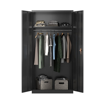 AOBABO Large Metal Storage Cabinet w/Adjustable Shelf & Cloth Rail, Black (Used) - VMInnovations