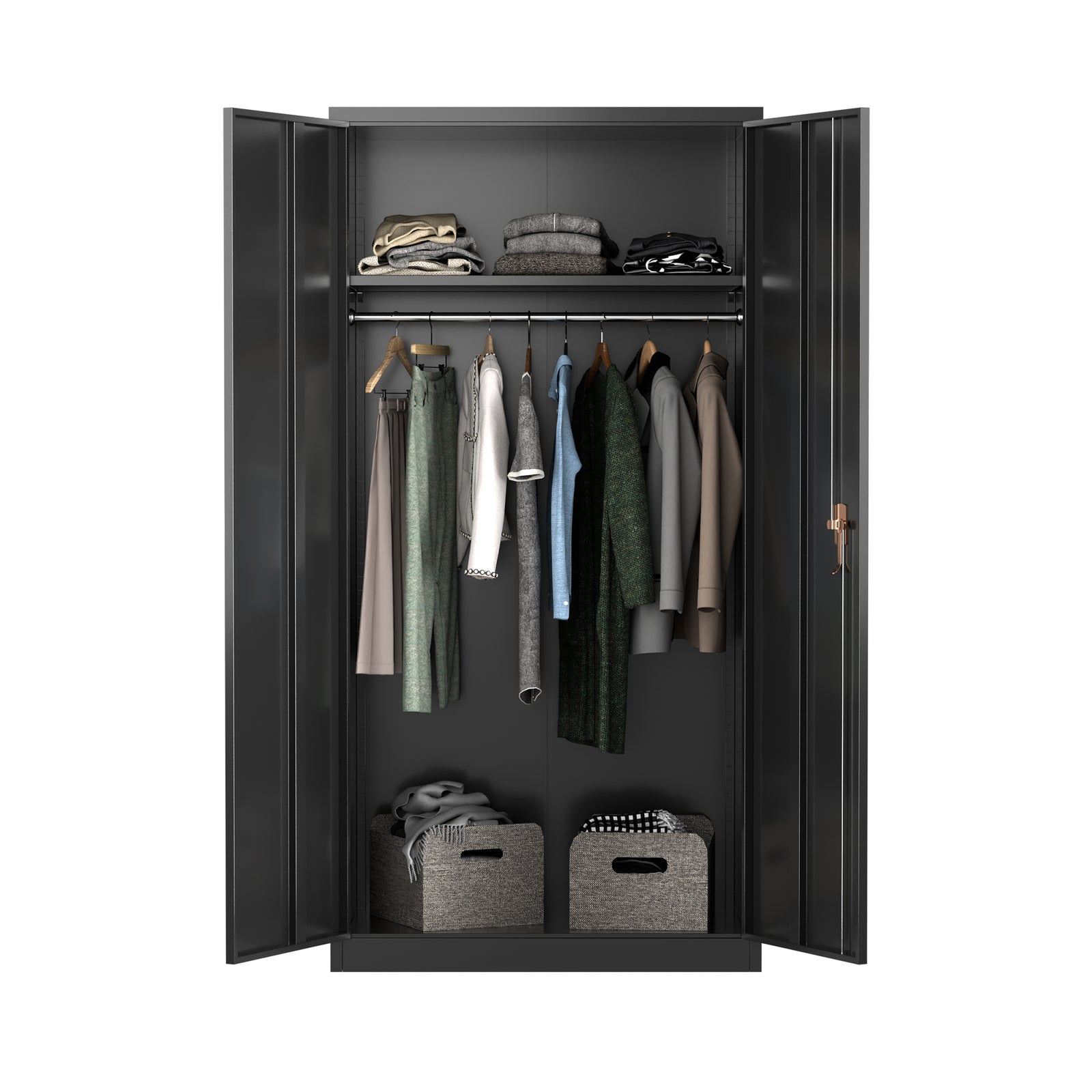 AOBABO Metal Storage Cabinet w/Adjustable Shelf & Cloth Rail, Black (Open Box) - VMInnovations