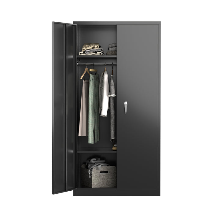 AOBABO Large Metal Storage Cabinet with Adjustable Shelf and Cloth Rail, Black