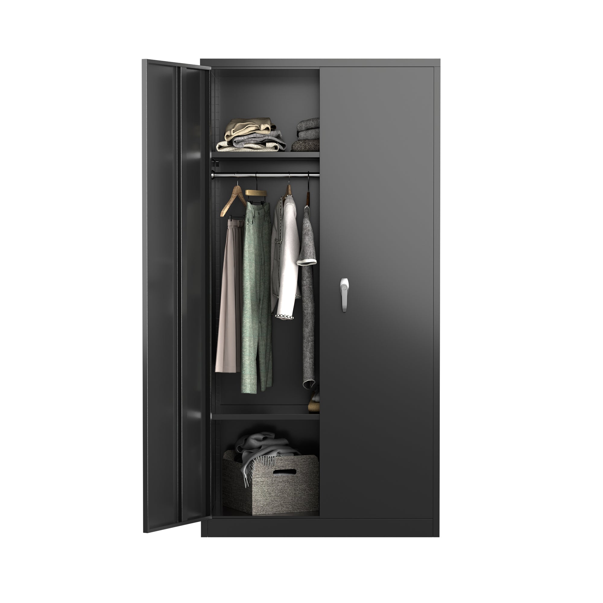 AOBABO Metal Storage Cabinet w/Adjustable Shelf & Cloth Rail, Black (Open Box) - VMInnovations