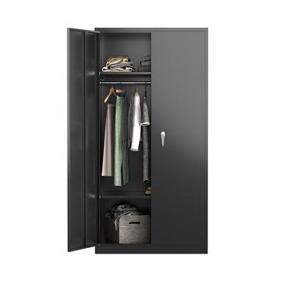 AOBABO Metal Storage Cabinet w/Adjustable Shelf & Cloth Rail, Black (Open Box) - VMInnovations