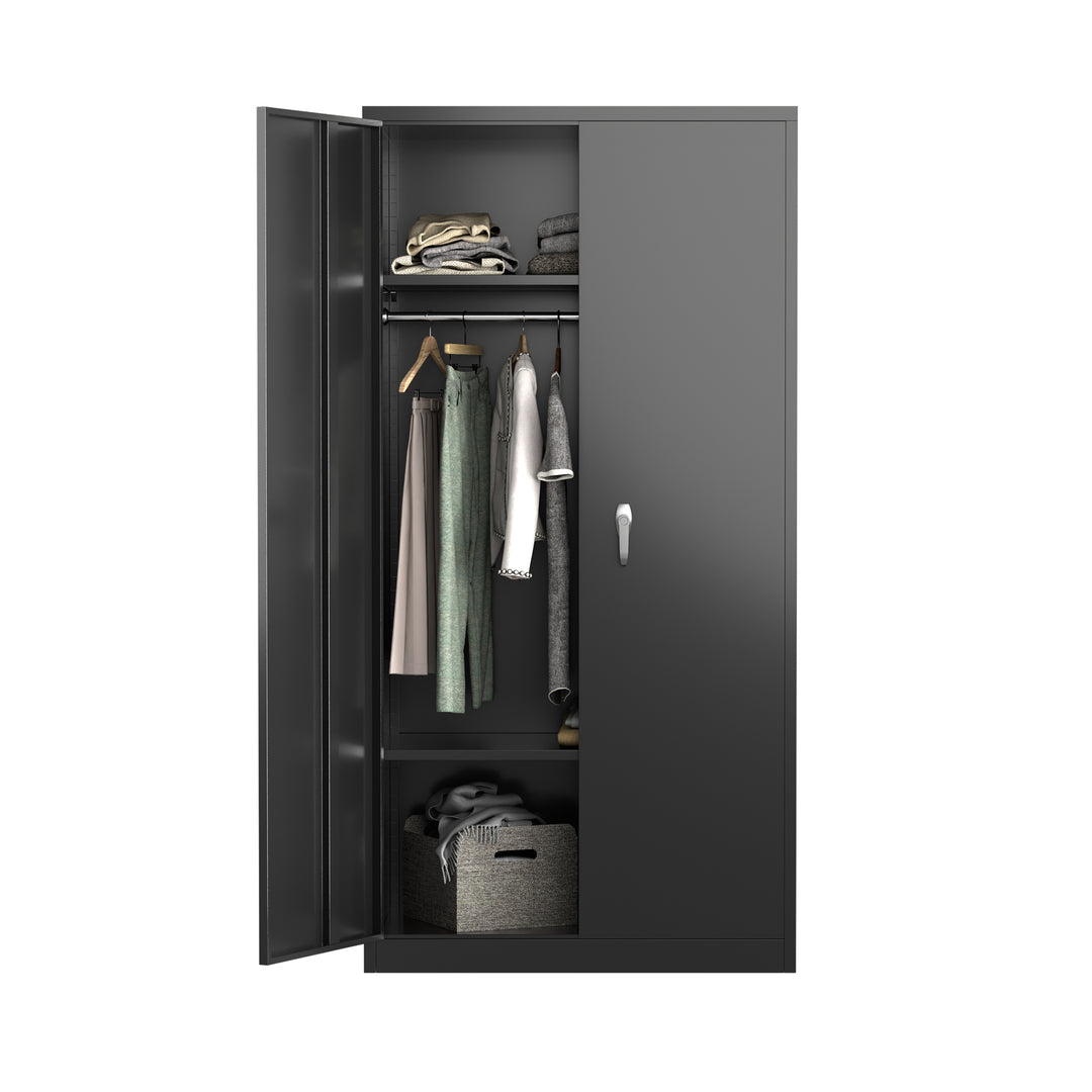 AOBABO Metal Storage Cabinet w/Adjustable Shelf & Cloth Rail, Black (Open Box)