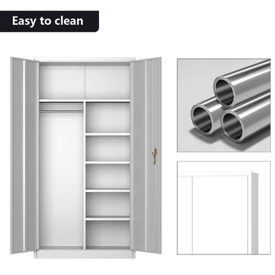 AOBABO Metal Storage Cabinet with 3 Adjustable Shelves and 1 Cloth Rail, White - VMInnovations