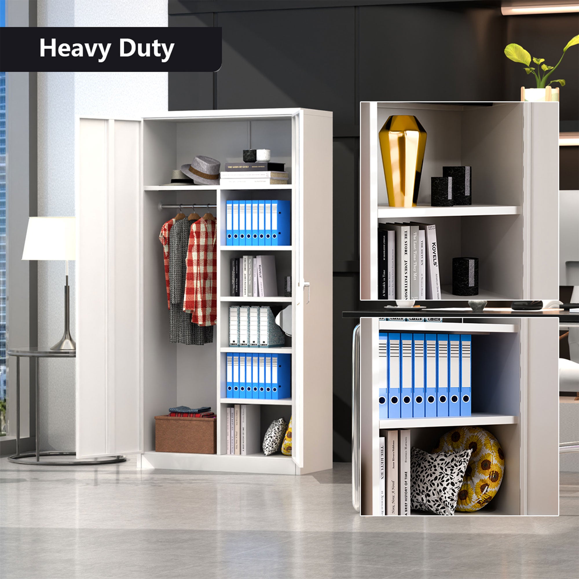 AOBABO Metal Storage Cabinet with 3 Adjustable Shelves and 1 Cloth Rail, White - VMInnovations