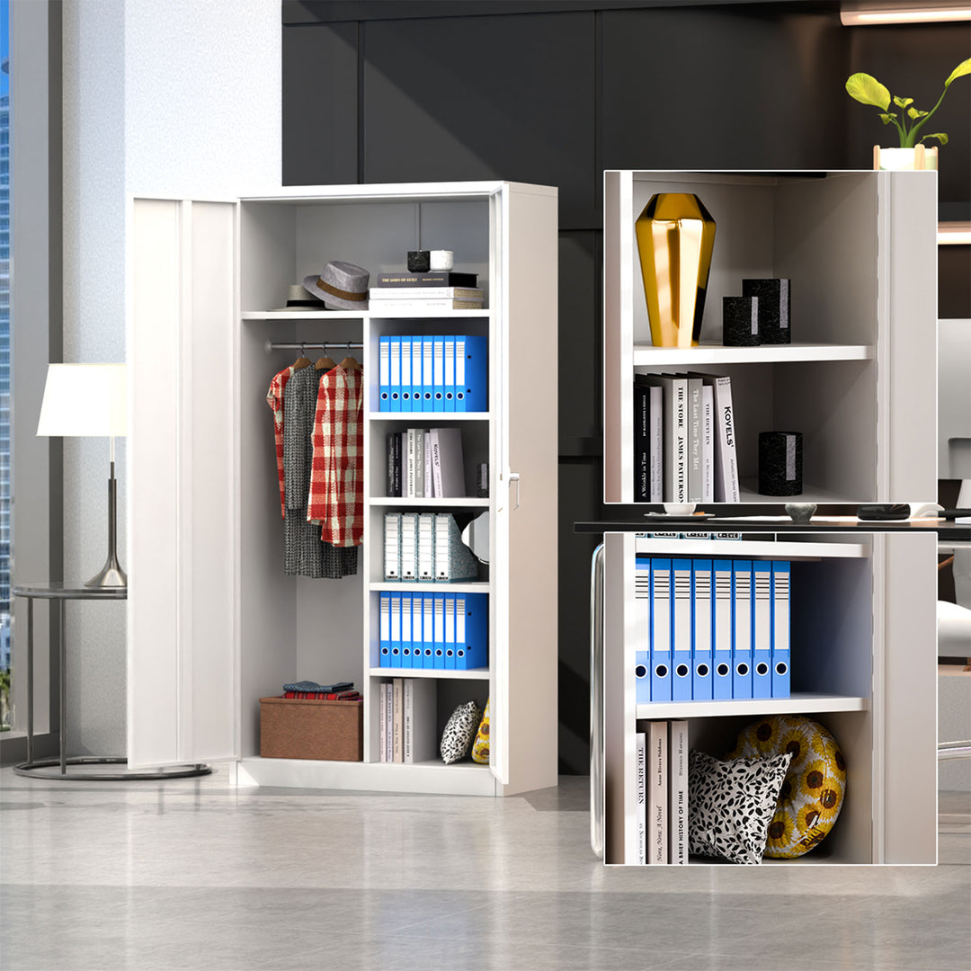 AOBABO Storage Cabinet with 3 Adjustable Shelves and 1 Cloth Rail, White (Used) - VMInnovations