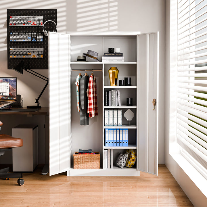 AOBABO Metal Storage Cabinet with 3 Adjustable Shelves and 1 Cloth Rail, White