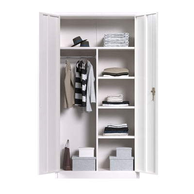 AOBABO Metal Storage Cabinet with 3 Adjustable Shelves and 1 Cloth Rail, White - VMInnovations