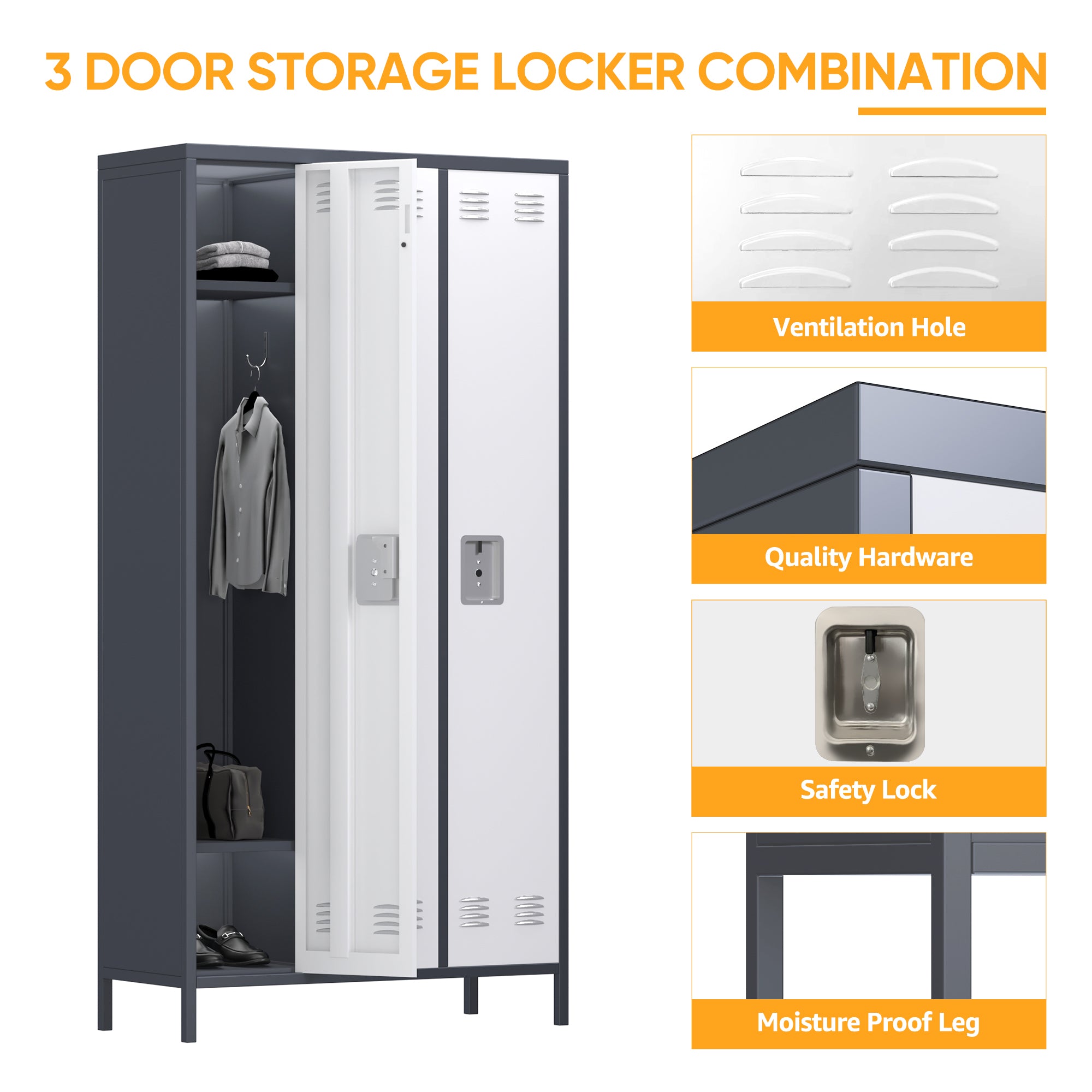 AOBABO 3 Door Steel Storage Cabinet Metal Locker for Office, Gray (Open Box) - VMInnovations