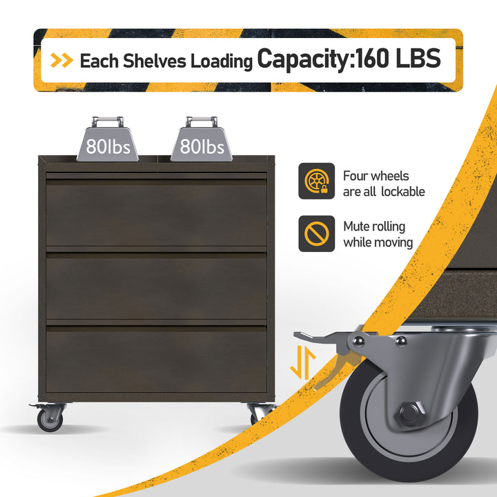 AOBABO Steel Rolling Tool Storage Chest 3 Drawer w/Wheels, Black (Open Box) - VMInnovations