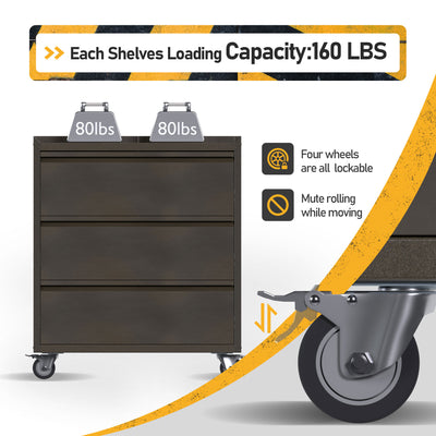 AOBABO Steel Rolling Tool Storage Chest 3 Drawer w/Wheels, Black (Open Box) - VMInnovations