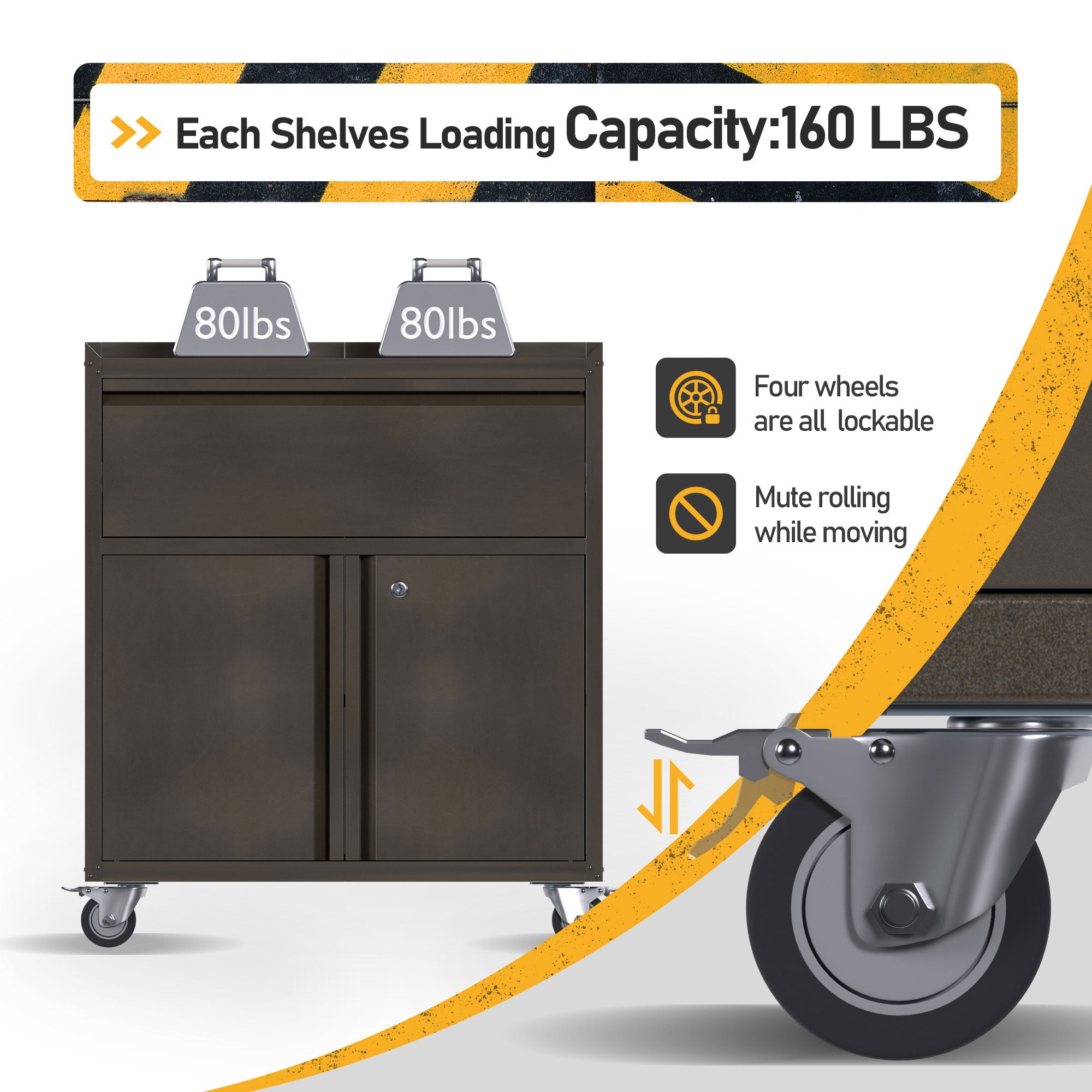 AOBABO Steel Lockable Wheeled Tool Storage Cabinet with Drawer & Shelves, Black - VMInnovations