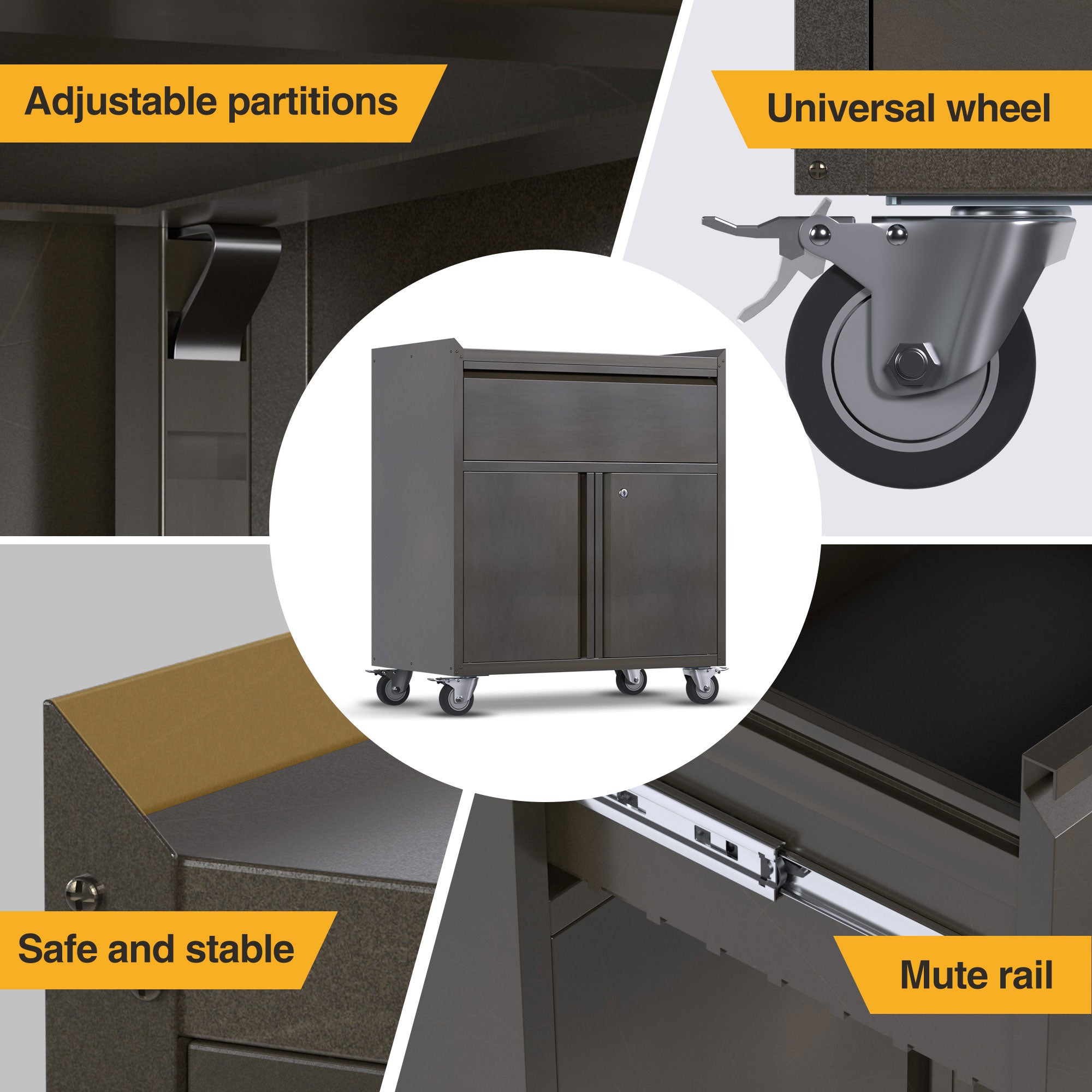 AOBABO Steel Lockable Wheeled Tool Storage Cabinet with Drawer & Shelves, Black - VMInnovations