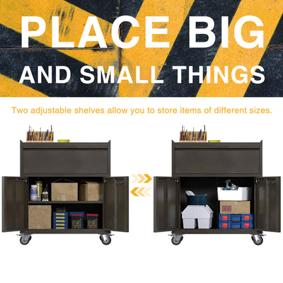 AOBABO Steel Lockable Wheeled Tool Storage Cabinet with Drawer & Shelves, Black - VMInnovations