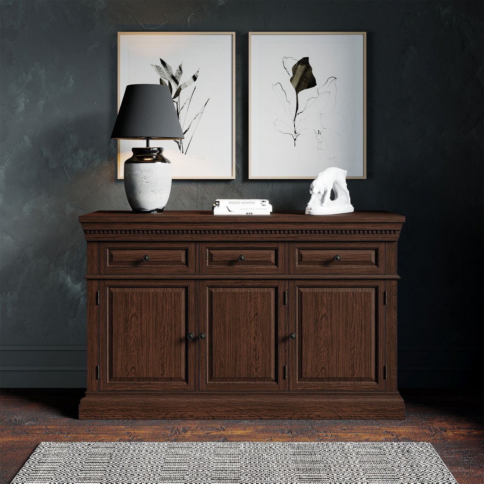 Maven Lane Theo Traditional Wooden Sideboard in Antiqued Brown Finish - VMInnovations