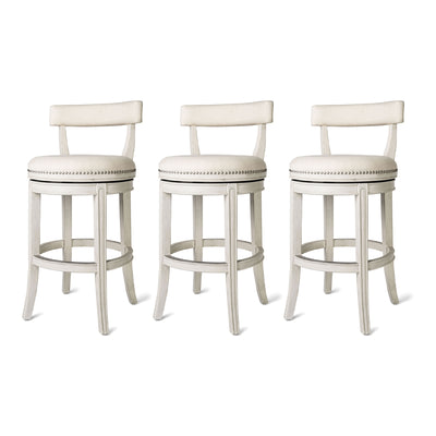 Maven Lane Alexander Bar Stool, White Oak w/ Natural Fabric Upholstery, Set of 3