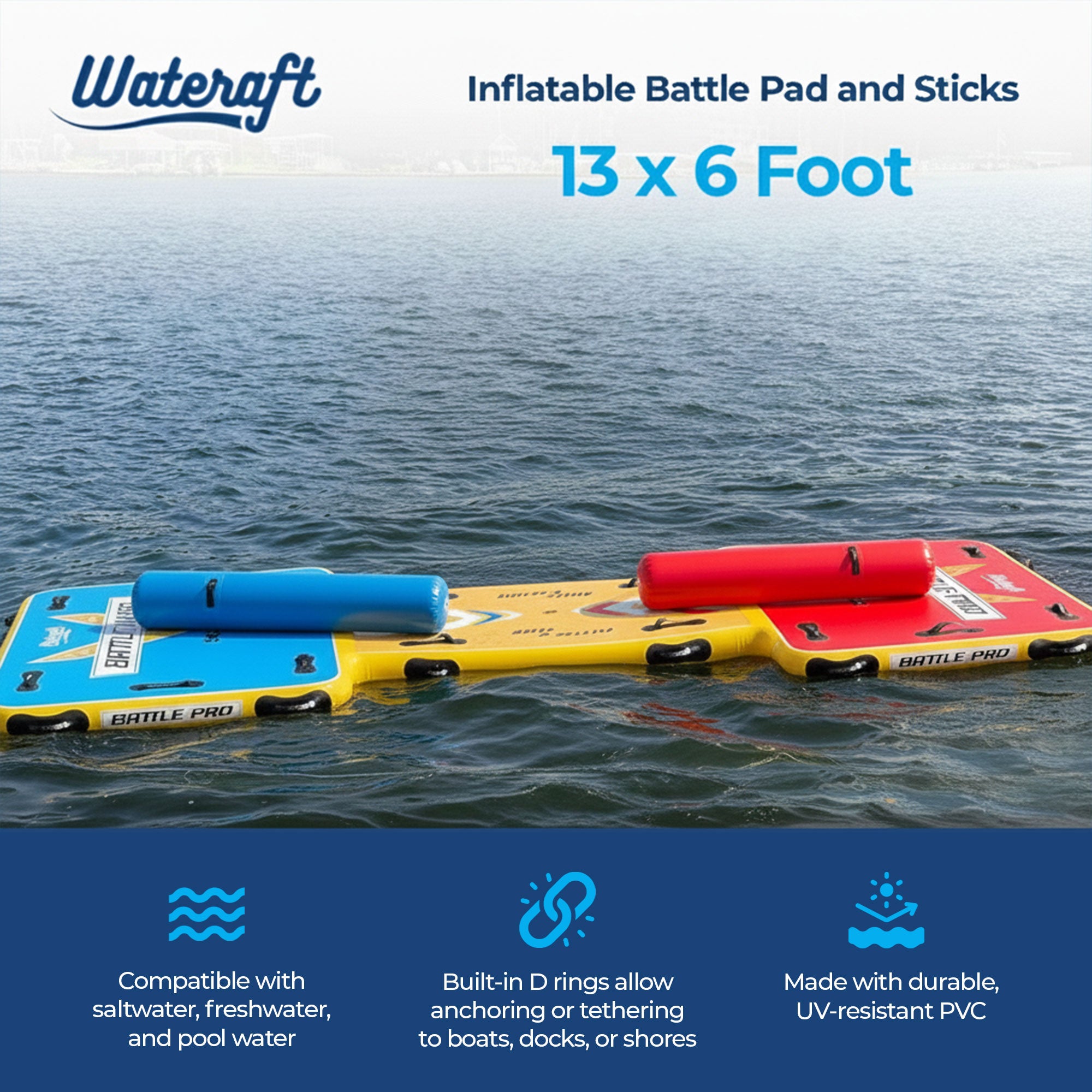 Wateraft Inflatable Battle Pad & Sticks, 13x6'Floating Raft Water Game(Open Box) - VMInnovations