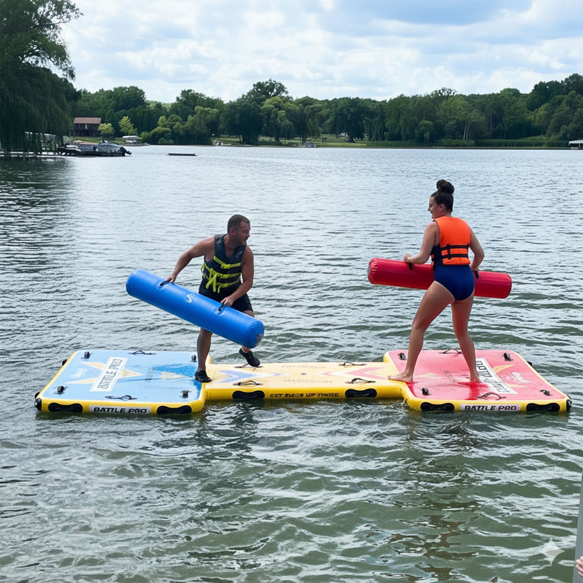 Wateraft Inflatable Battle Pad & Sticks, 13x6'Floating Raft Water Game(Open Box) - VMInnovations