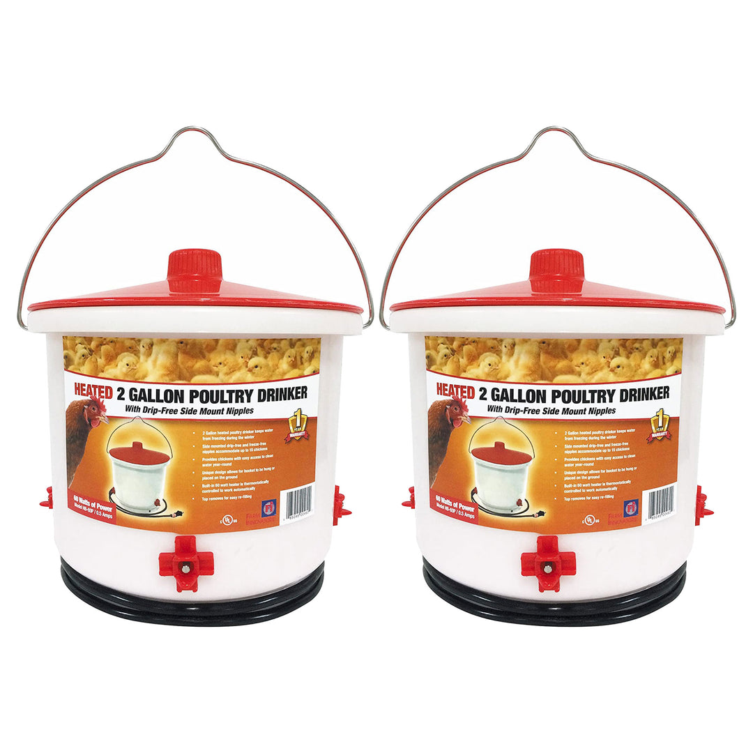 Farm Innovators Heated 2 Gallon Poultry Water Bucket Drinker, White/Red (2 Pack)