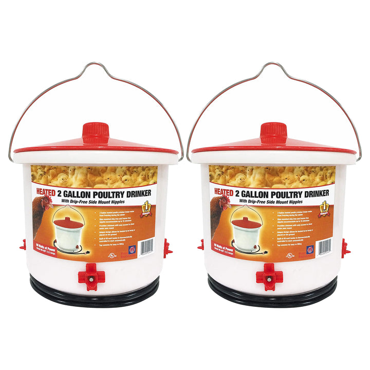 Farm Innovators Heated 2 Gallon Poultry Water Bucket Drinker, White/Red (2 Pack)