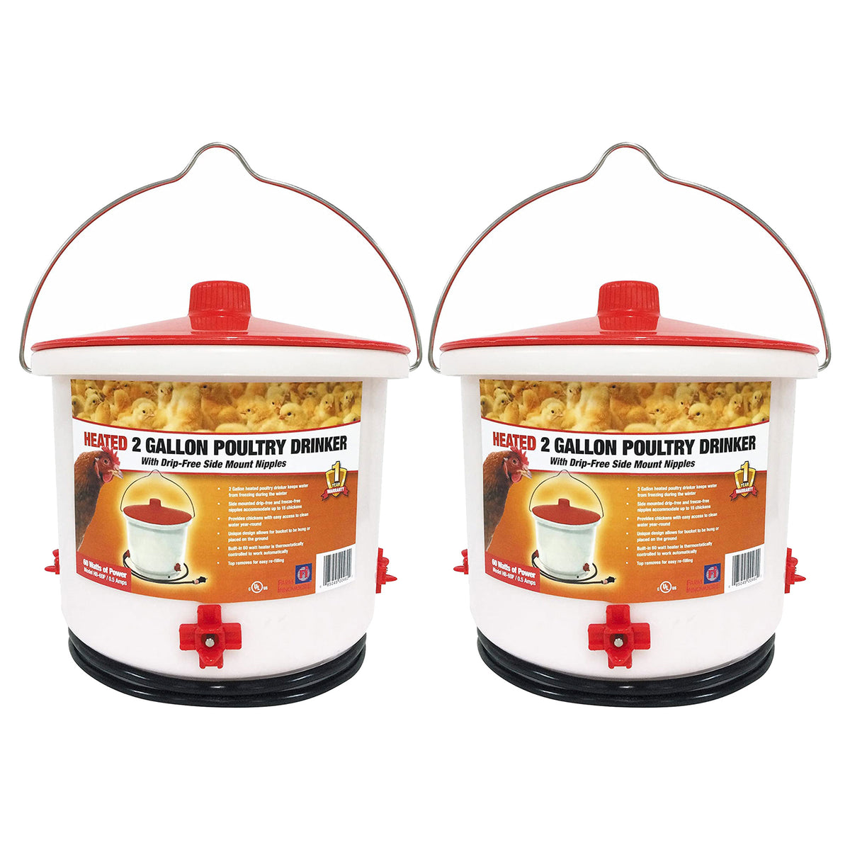 Farm Innovators Heated 2 Gallon Poultry Water Bucket Drinker, White/Red (2 Pack) - VMInnovations