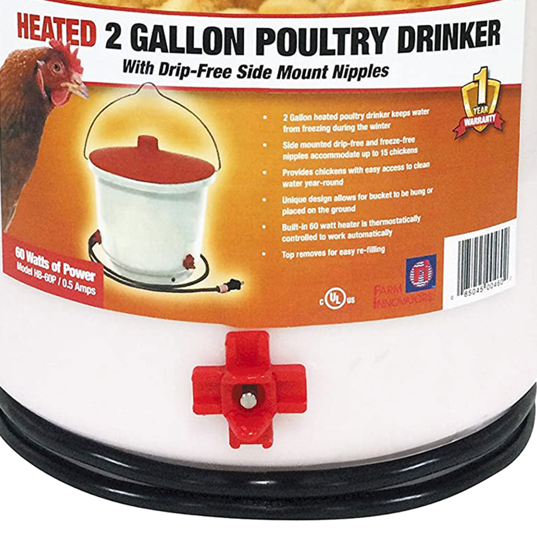 Farm Innovators Heated 2 Gallon Poultry Water Bucket Drinker, White/Red (2 Pack)