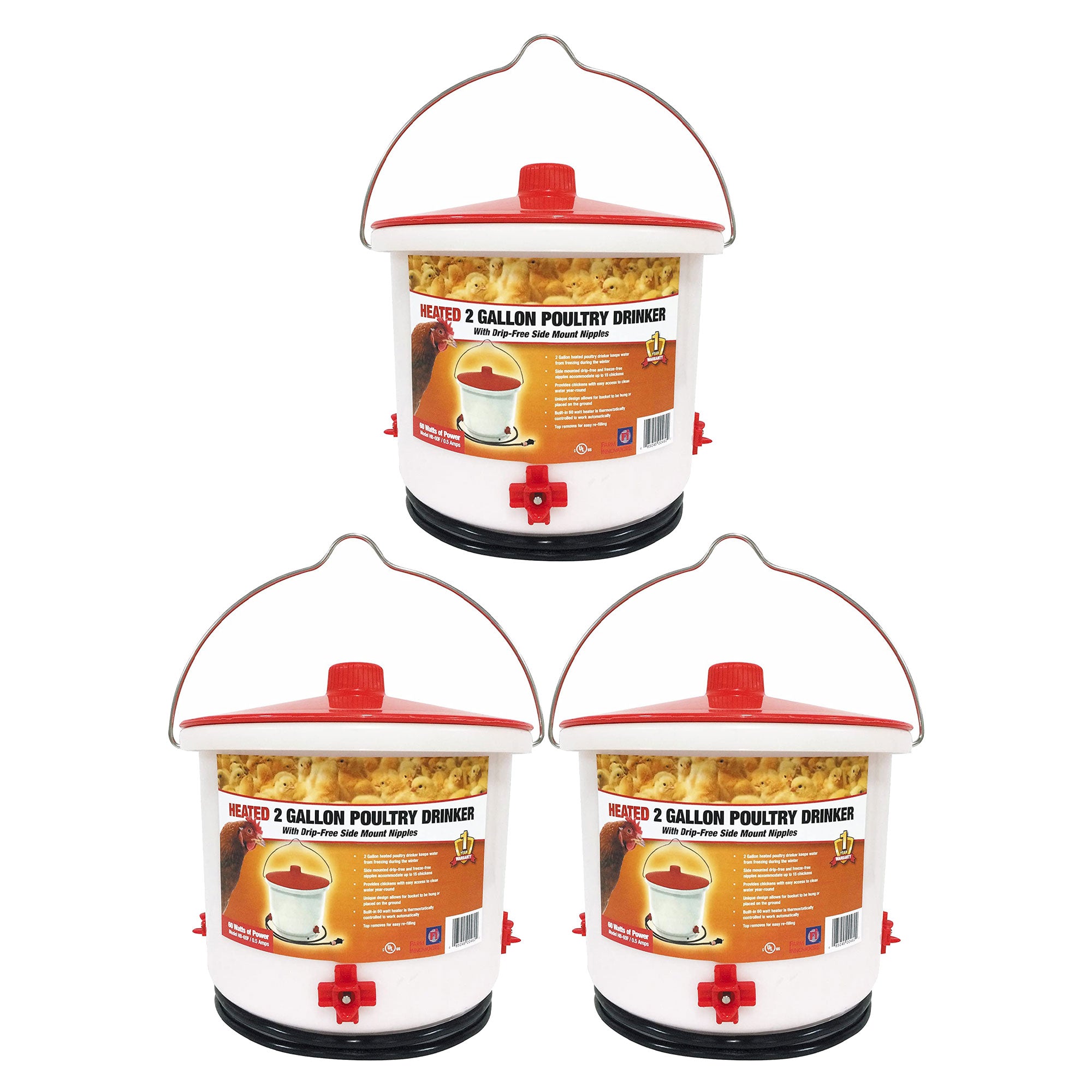 Farm Innovators Heated 2 Gallon Poultry Water Bucket Drinker, White/Red (3 Pack) - VMInnovations