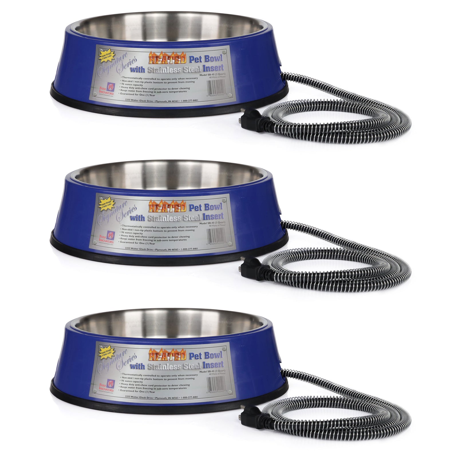Farm Innovators 3 Quart Heated Pet Bowl with Stainless Steel Insert (3 Pack) - VMInnovations