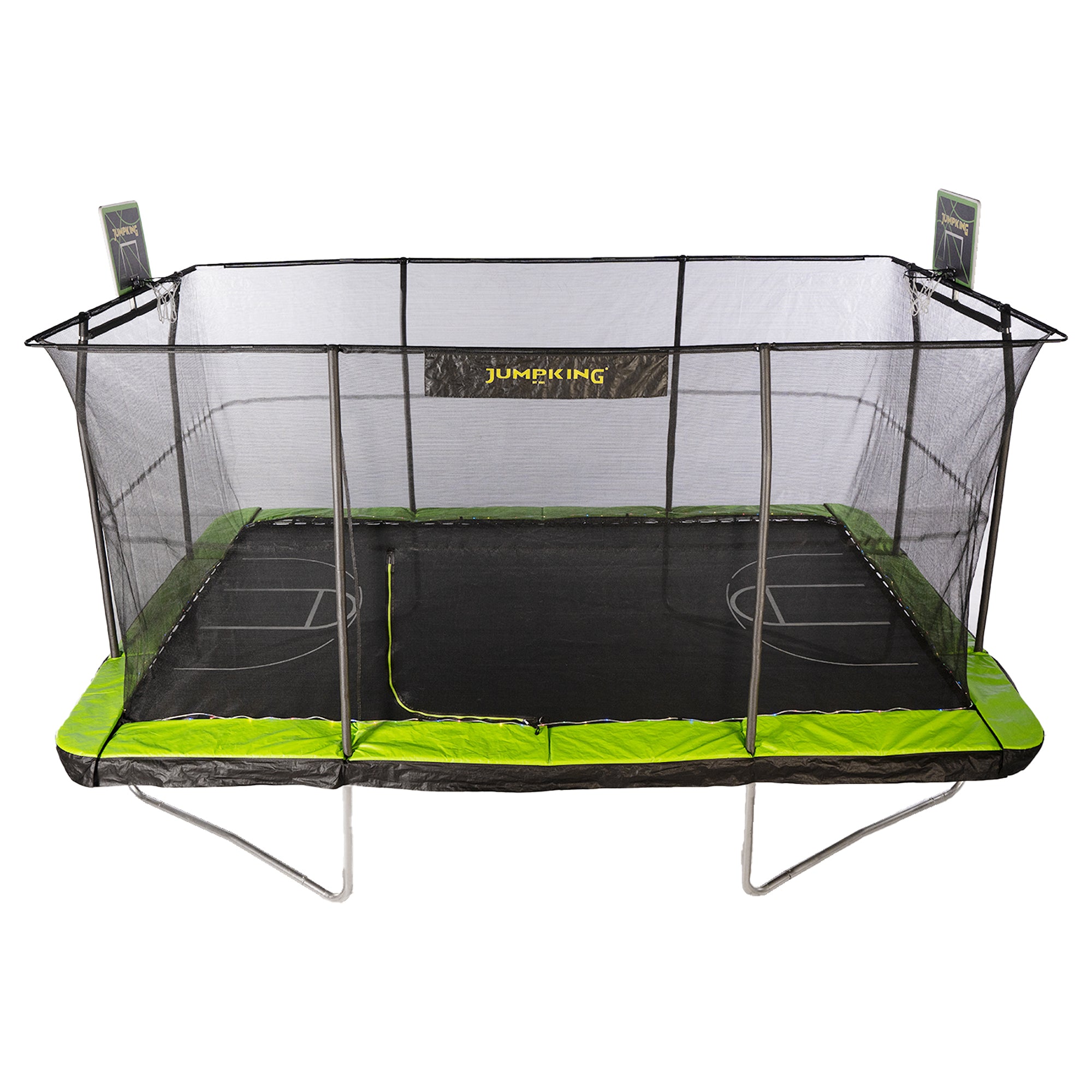 Jumpking 10' x 15' Trampoline with 2 Basketball Hoops, Court Print, & LED Lights (Open Box)