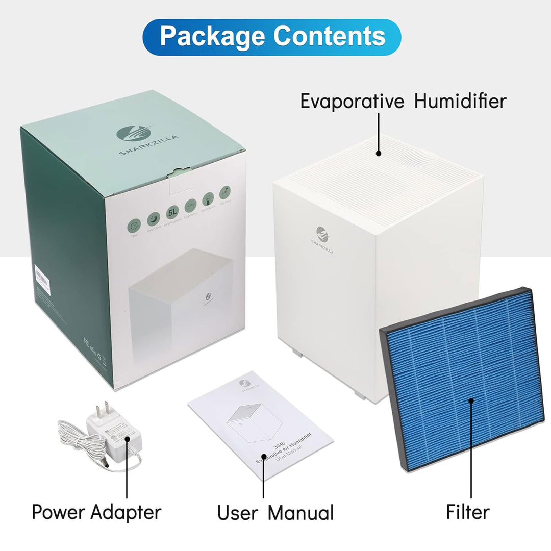 SHARKZILLA 1.3 Gal Plastic Evaporative No Mist Humidifier w/Timer, White (Used) - VMInnovations