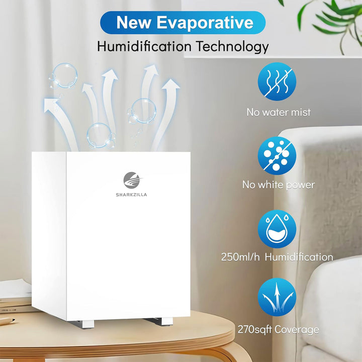 SHARKZILLA 1.3 Gal Evaporative No Mist Humidifier w/Timer, White (Open Box)