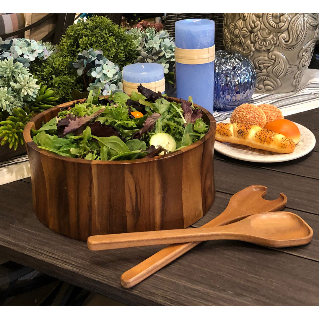 Kalmar Home 328C-3 XL Acacia Wood Salad Bowl with Server Tong Utensils(Open Box) - VMInnovations