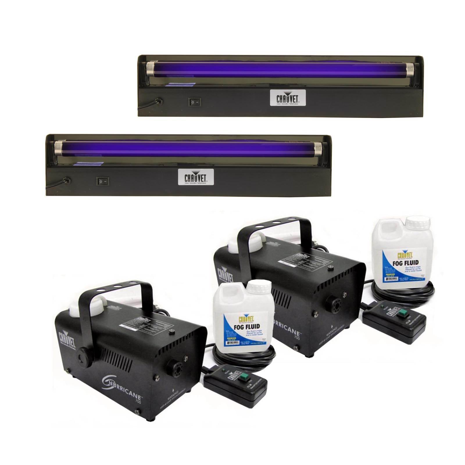 (2) CHAUVET NV-F18" UV Black-Lights & (2) Hurricane 700 H-700 Fog/Smoke Machines