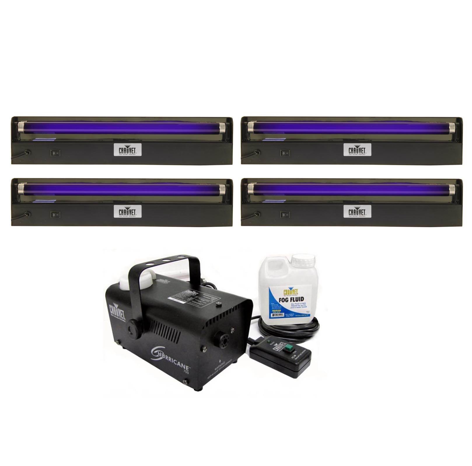 (4) CHAUVET NV-F18 18" UV Black-Lights + Hurricane 700 H-700 Fog Smoke Machine
