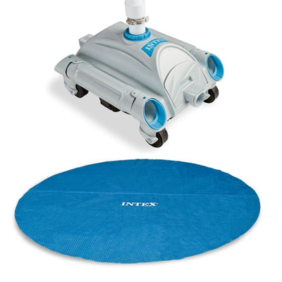 Intex Auto Pool Pressure Vacuum w/ 24’ Hose and 18’ Round Solar Cover for Pools
