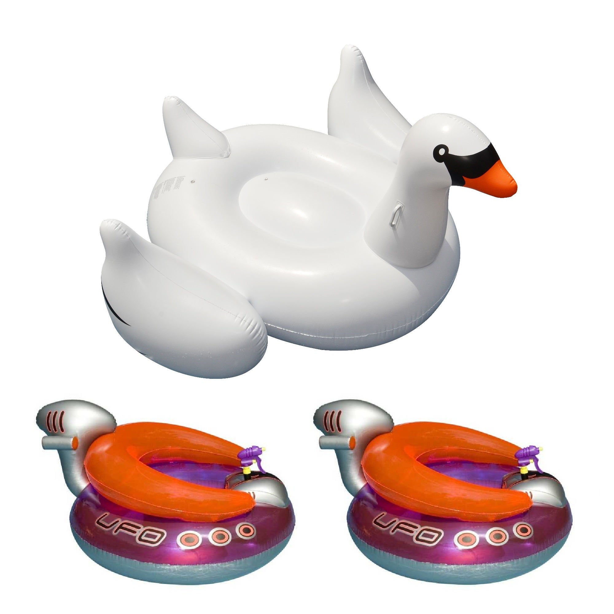 Swimline Giant Swan Inflatable Pool Raft & UFO Pool Float w/ Squirt Gun (2 Pack) - VMInnovations