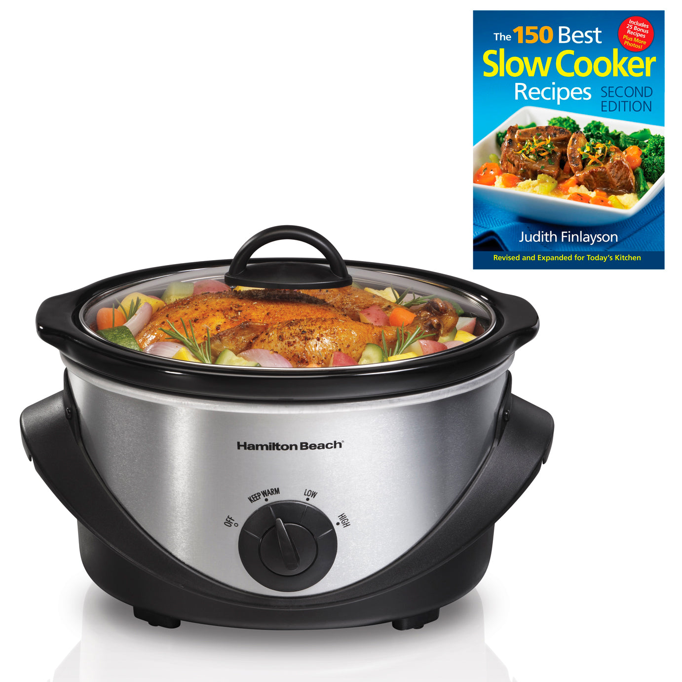Hamilton Beach Kitchen Counter Top 4 Quart Slow Cooker Pot & 150 Recipe Cookbook