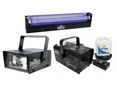 Chauvet DJ Mini Strobe LED Light Effect + H700 Fog Machine + NVF-18 Black Light