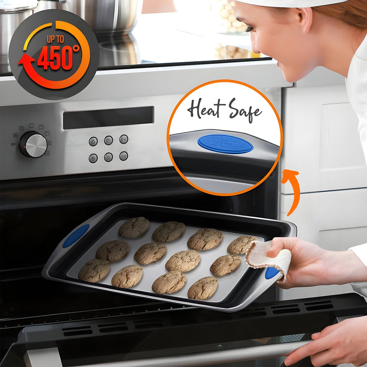 NutriChef 2 Pack Baking Pans Set, Kitchen Cookie Sheets with Handles, Gray/Blue