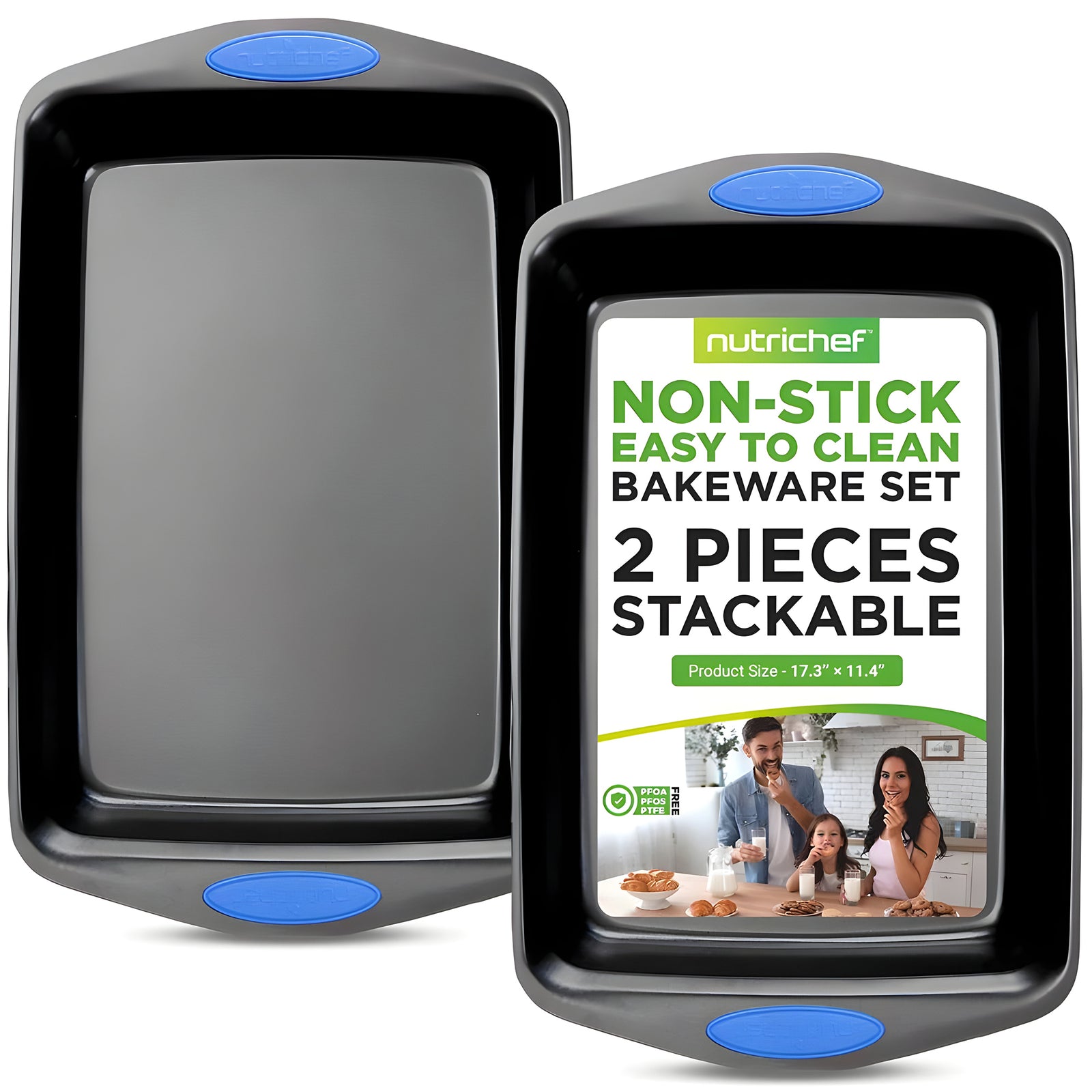 NutriChef 2 Pack Baking Pans Set, Kitchen Cookie Sheets with Handles, Gray/Blue - VMInnovations