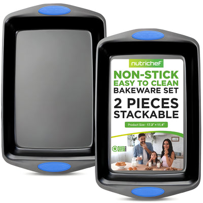 NutriChef 2 Pack Baking Pans Set, Kitchen Cookie Sheets with Handles, Gray/Blue