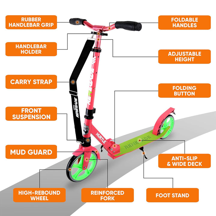 Hurtle Adjustable and Foldable Kick Scooter with High Impact Wheels, Watermelon