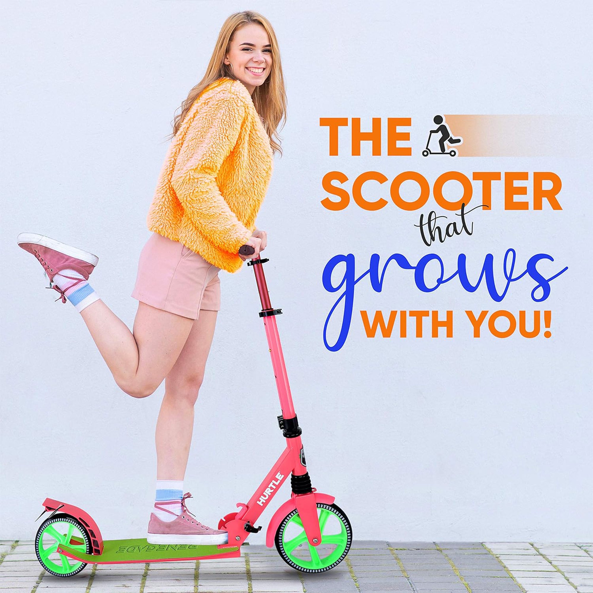 Hurtle Adjustable & Foldable Kick Scooter w/High Impact Wheels, Watermelon(Used) - VMInnovations